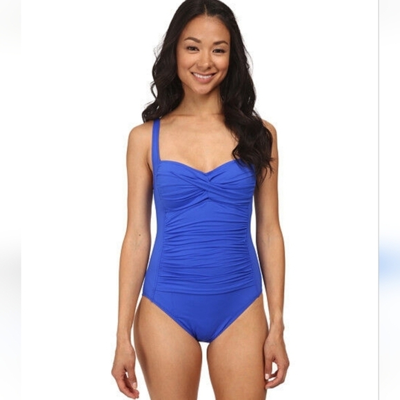 La Blanca One Piece Sweetheart Swim Suit Navy Blue Shirred Front Size 8 #LB2ZQ11 - Picture 1 of 16